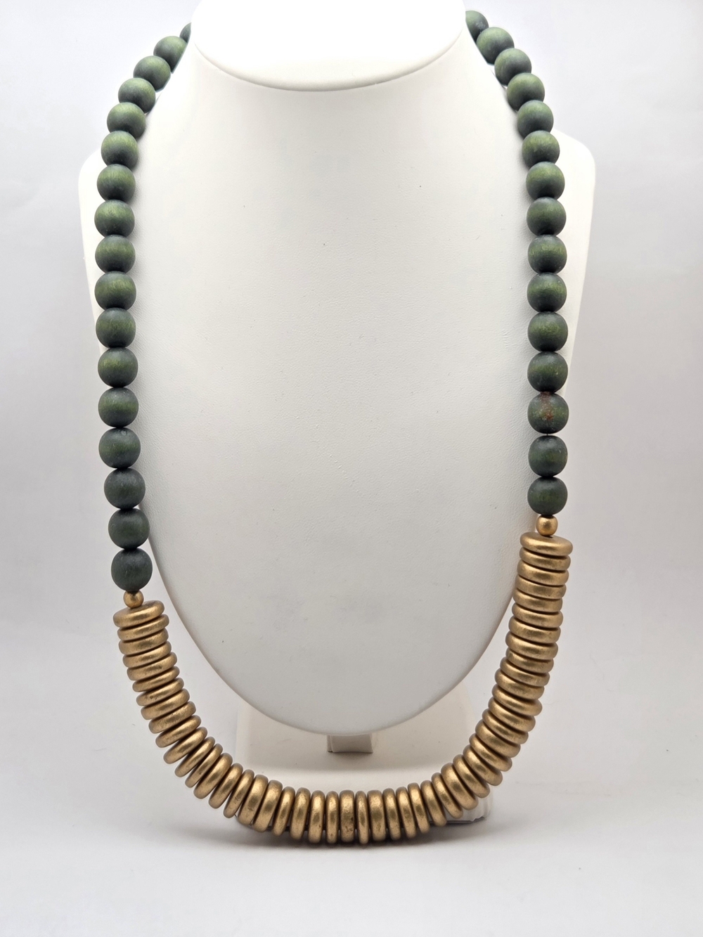 Boho Olive Green & Gold Beaded Statement Necklace 26" Chunky Wood Disc Beads